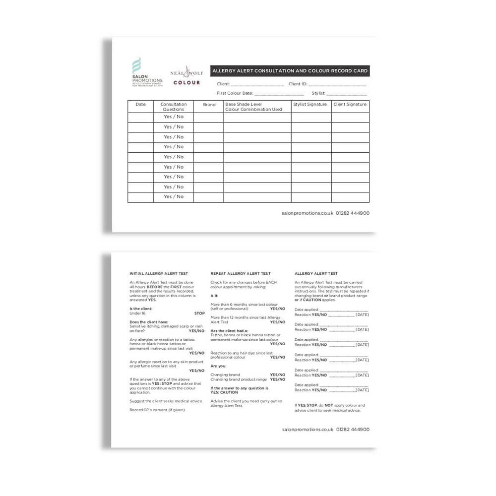 Neal & Wolf Colour Allergy Consultation Card (Pack Of 100) Salon